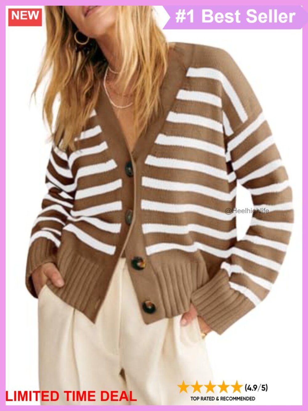 V Neck Button Down Open Front Striped Ribbed Knit Cardigan Sweater